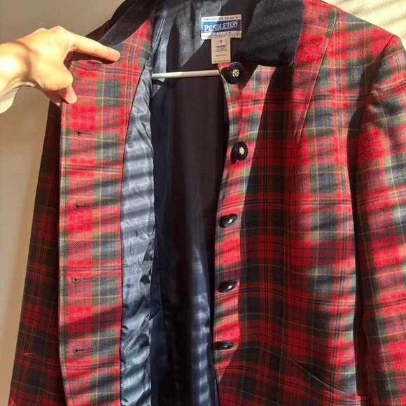 Vintage Pendleton Preppy Wool Plaid Red Blue Velvet Twee Jacket Medium - Large - Picture 10 of 13